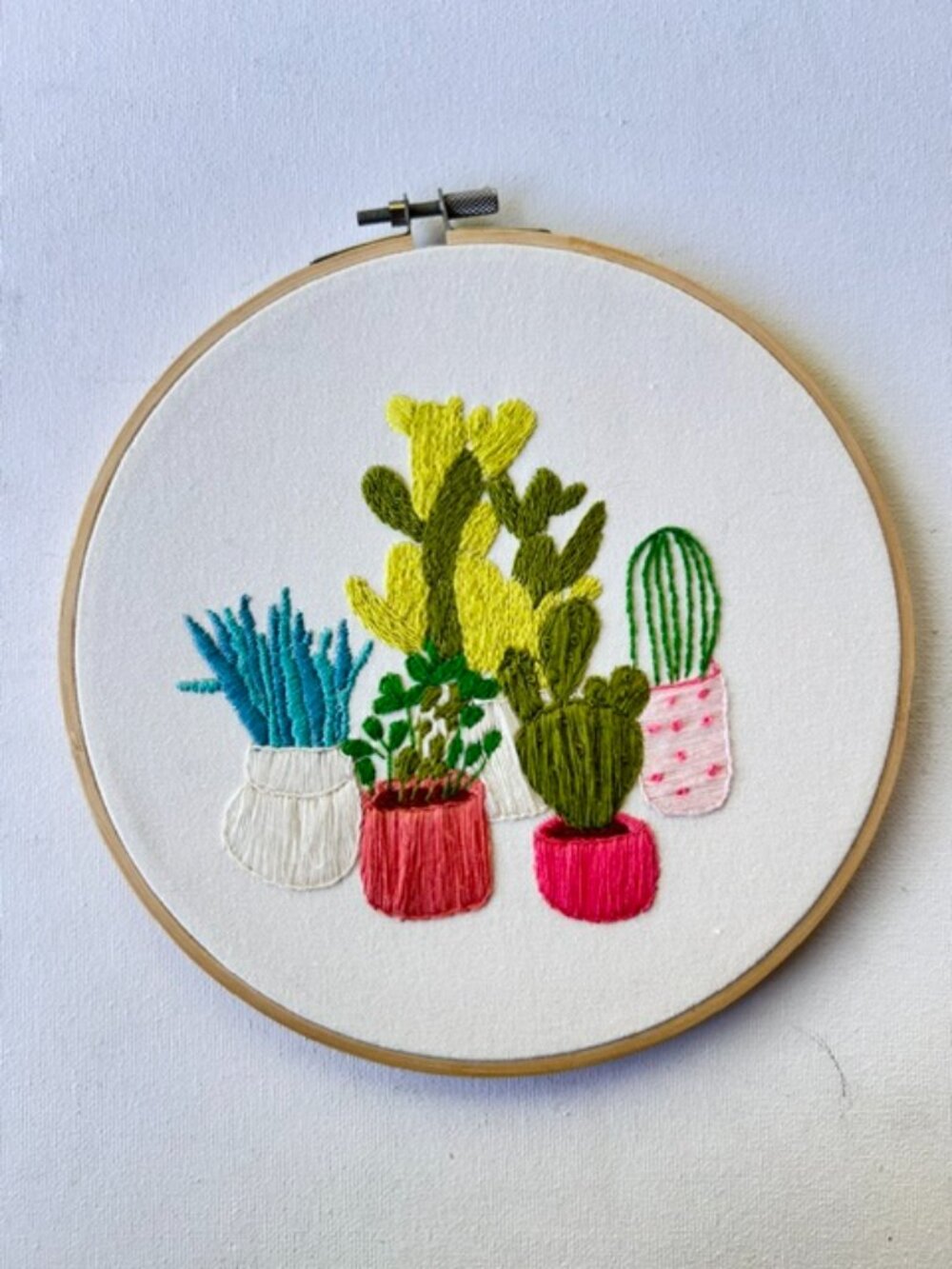 Hand Embroidered Cactus Wall Art | 8" Hoop | Colorful Desert Botanical Decor |